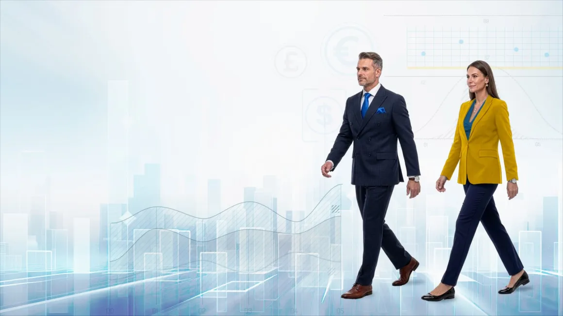 Two business professionals walking together